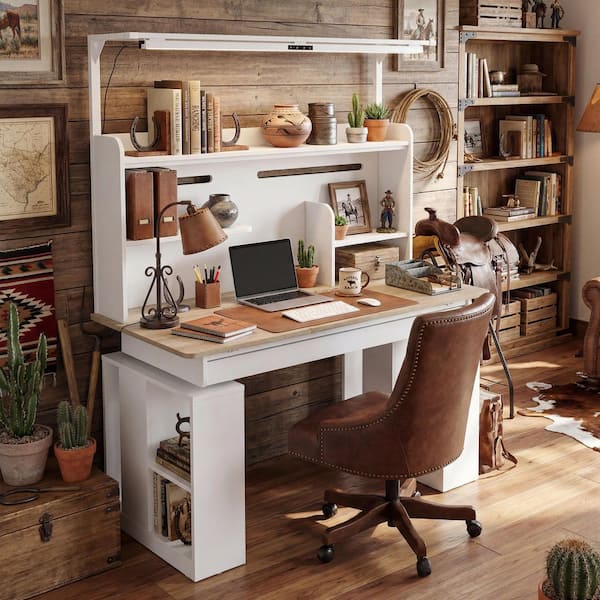 FUFU&GAGA 55.1 in. Rectangular White Wood Desk with Adjustable