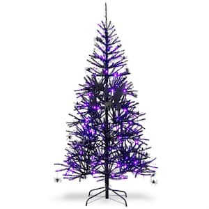 6FT Pre-Lit Hinged Artificial Christmas Tree Halloween Tree Black w/250 Purple LED Lights and 25 Ornaments
