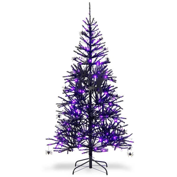 Costway 6FT Pre-Lit Hinged Artificial Christmas Tree Halloween Tree Black w/250 Purple LED Lights and 25 Ornaments