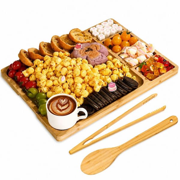 Bamboo Charcuterie Board Gift Set 15.7 x 11.8 x 0.8 in. 4 Compartments Tongs Spoon Green Gift Box Boards