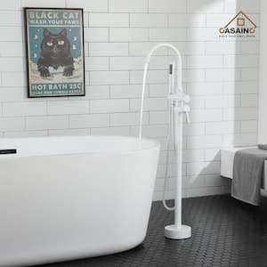 Double-Handle Floor-Mount High Arch Tub Faucet High Flow Bathroom Tub Filler with Handshower in Snow White