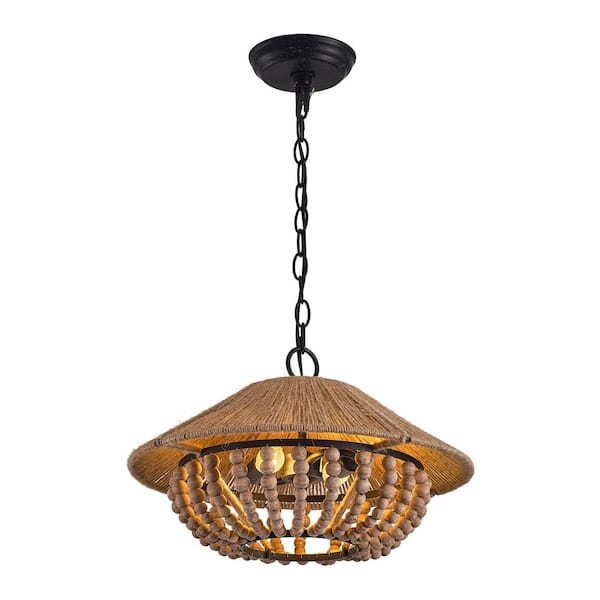 Parrot Uncle 17.7 in. 2-Light Farmhouse Hemp Rope Wood Beads Hanging Chandelier Pendant Light for Living House Kitchen Island
