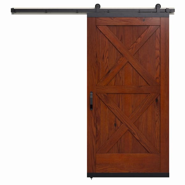 JELD-WEN 42 in. x 80 in. Karona Crossbuck Spice Stained Rustic White Oak Wood Sliding Barn Door with Hardware Kit