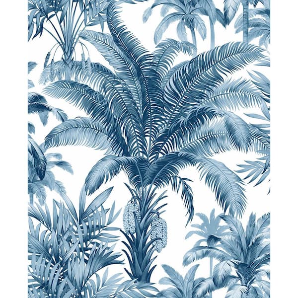 CASA MIA Palm Grove Blue and White Vinyl Peel and Stick Wallpaper Roll (Cover 30.75 sq. ft.)