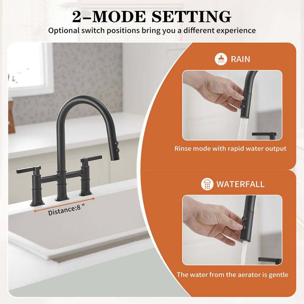 Matte Black Dual Handle Pull-Down Bridge Kitchen Faucet