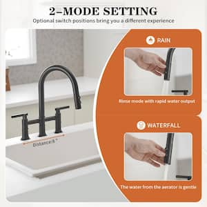 Modern Double Handle 3-Holes Deck Mount Bridge Kitchen Faucet with 2-Sprayer Patterns and 360 Swivel Spout in Black