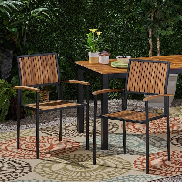 Unbranded Wood and Metal Outdoor Dining Chair in Beige Set of 2