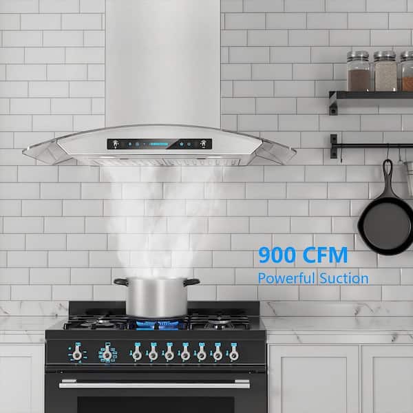 36 in. 900 CFM Ducted Wall Mount Range Hood in Stainless Steel with Tempered Glass, 4-Speed and Gesture Control