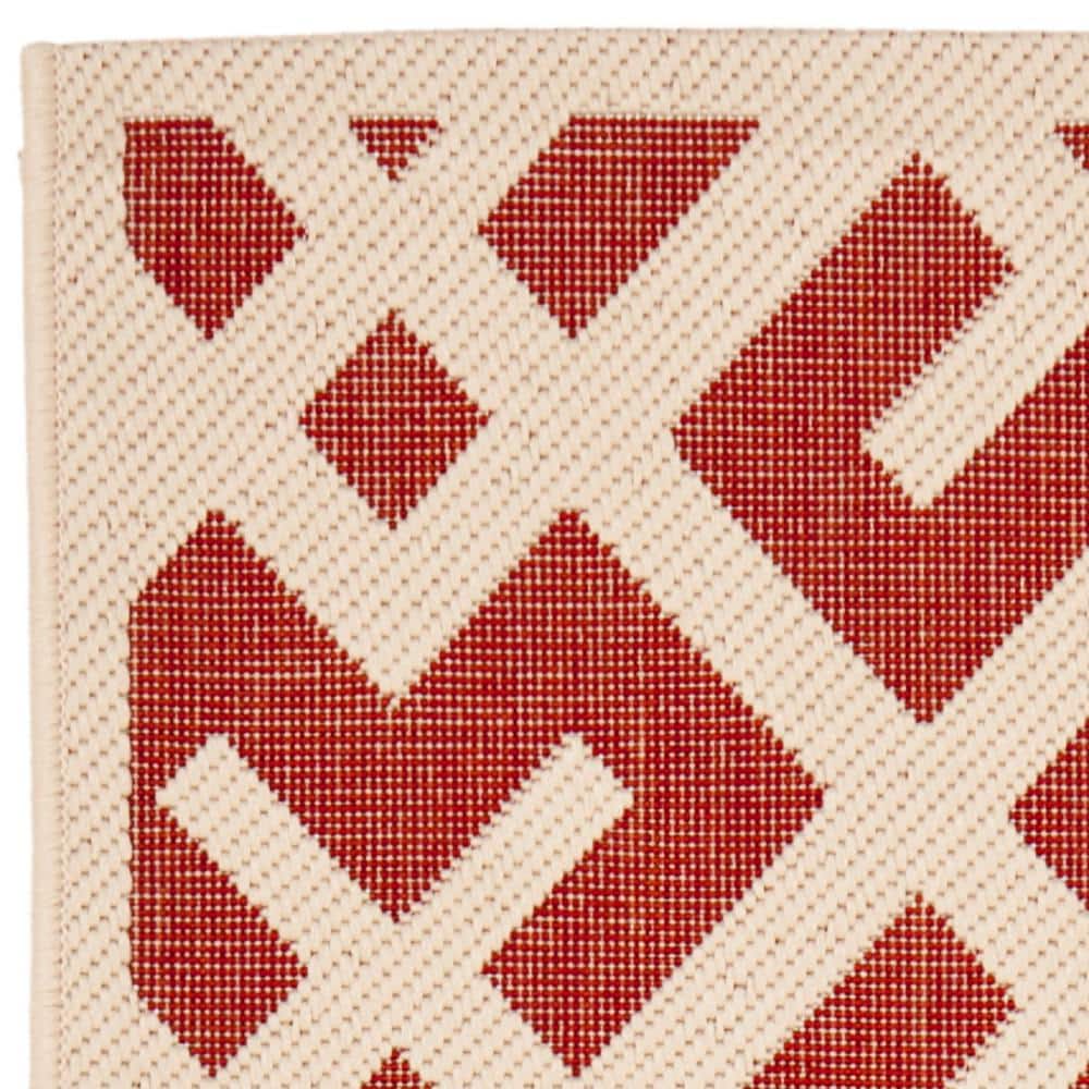 Red and Bone Geometric Low Pile Indoor/Outdoor Runner Rug