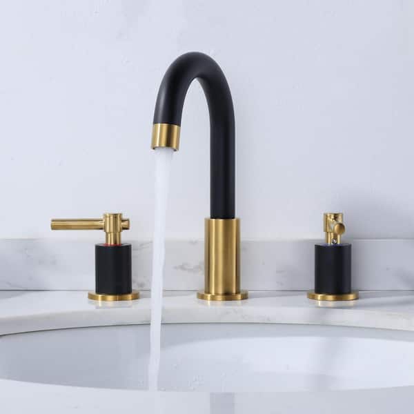 8 in. Widespread Double Handle Bathroom Faucet with Swivel Spout, Pop Up Drain and Supply Lines in Black and Gold