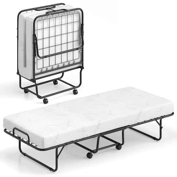 White Twin Rollaway Bed with Memory Foam Mattress Cot Guest Made in Italy Folding