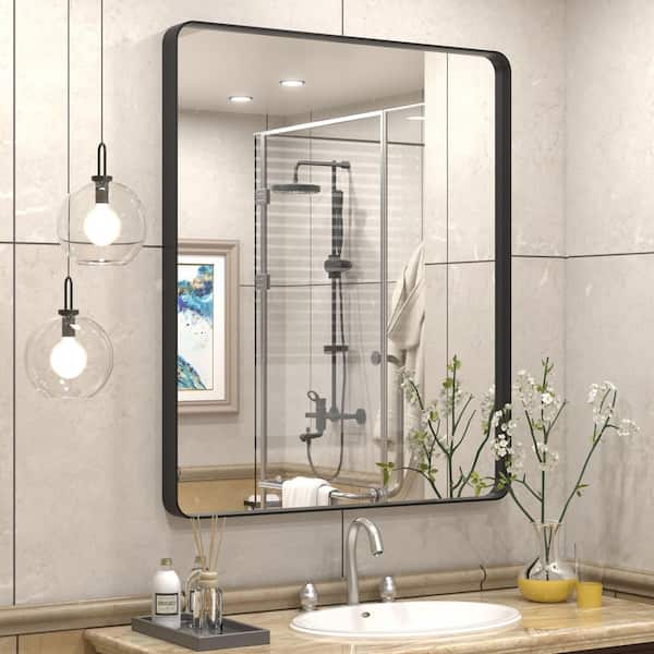 30 in. W x 36 in. H Rectangular Tempered Glass and Aluminum Alloy Framed Wall Bathroom Vanity Mirror in Matte Black