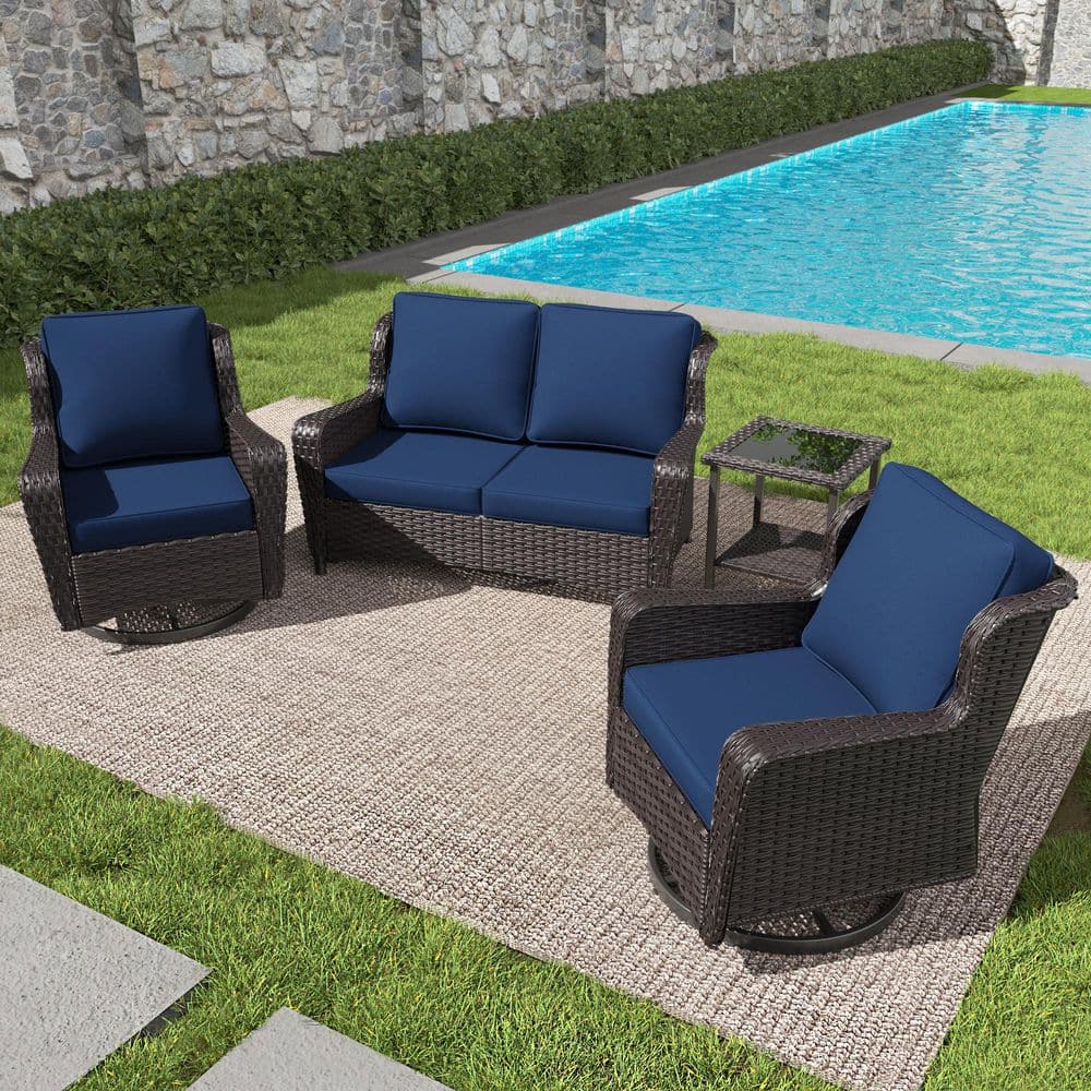 4-Piece Outdoor Wicker Patio Conversation Set with Swivel Rocking Chairs and Blue Cushions price history on PriceWatchPro