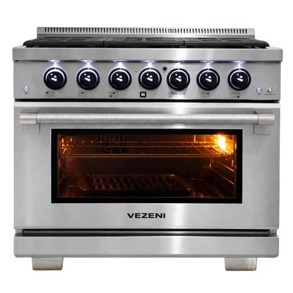 Randolph Pro 36 in. 6-German Brass Burners Freestanding Natural Gas Stainless Steel Range, Blue LED Knobs