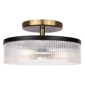 JENNER 15 in. 3-Light 60-Watt Contemporary Matte Black and Gold Semi-Flush Mount with Clear Ribbed Glass Shade