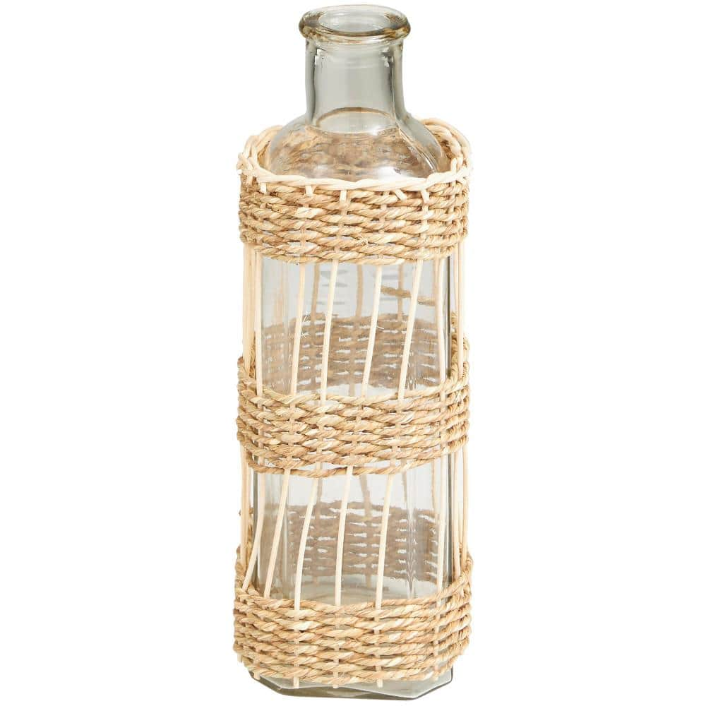 Litton Lane Clear Handmade Glass Decorative Vase with Light Brown Rattan Woven Body