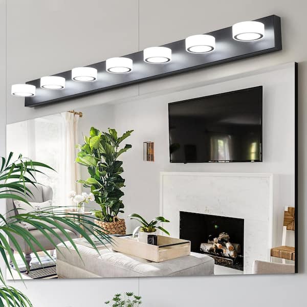 52 in. W 7-Lights Bathroom Light Fixtures Over Mirror Modern LED Vanity Lighting, 6000K Cool White, Black