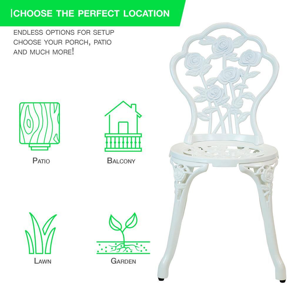 White Cast Aluminum Floral Bistro Set with Iron Legs