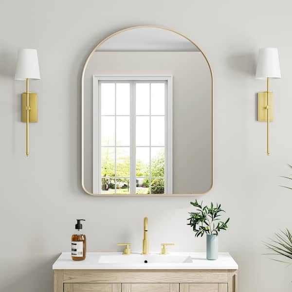 28 in. W x 36 in. H Arched Framed Wall Bathroom Vanity Mirror with Aluminum Frame in Brushed Gold