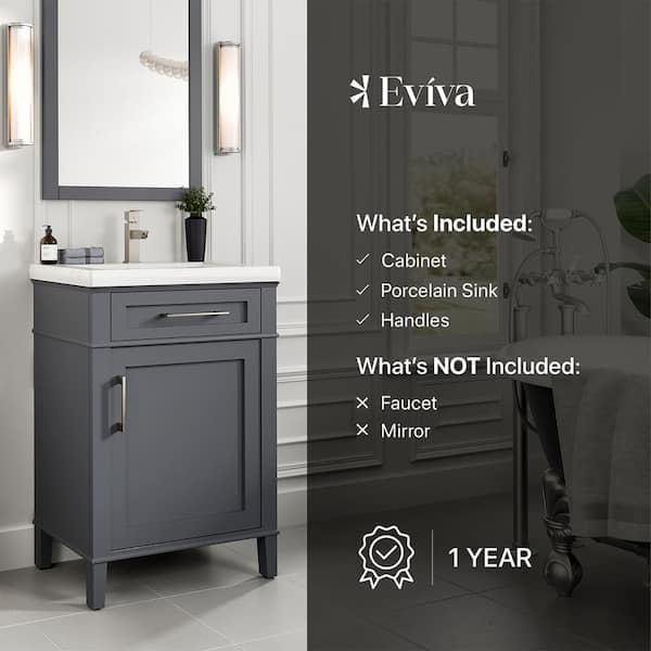 Garci 24 in. W x 18 in. D x 34 in. H Bathroom Vanity in Dark Gray with White Porcelain Top with White Sink