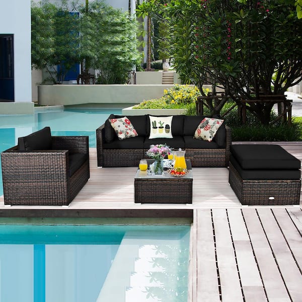 Patio Rattan Furniture Set Cushion Sofa Coffee Table with Black Cushions