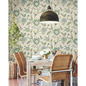 Dahlia Blooms Linen/Jade Multi-Colored Matte Pre-pasted Paper Wallpaper 60.75 sq. ft