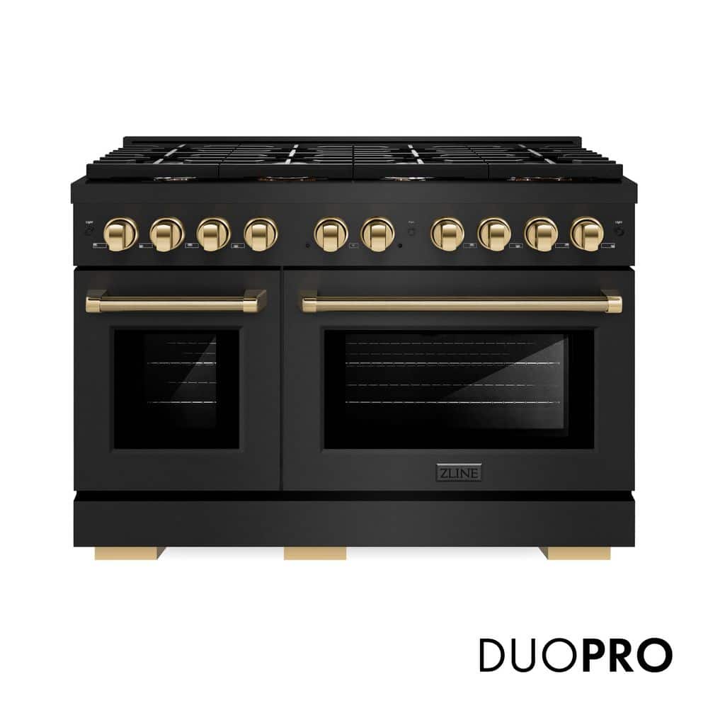 ZLINE Kitchen and Bath Autograph 48 in. Paramount Gas Range w/ 8 DuoPro Burners and Gas Oven in Black Stainless Steel and Gold Helix Handles
