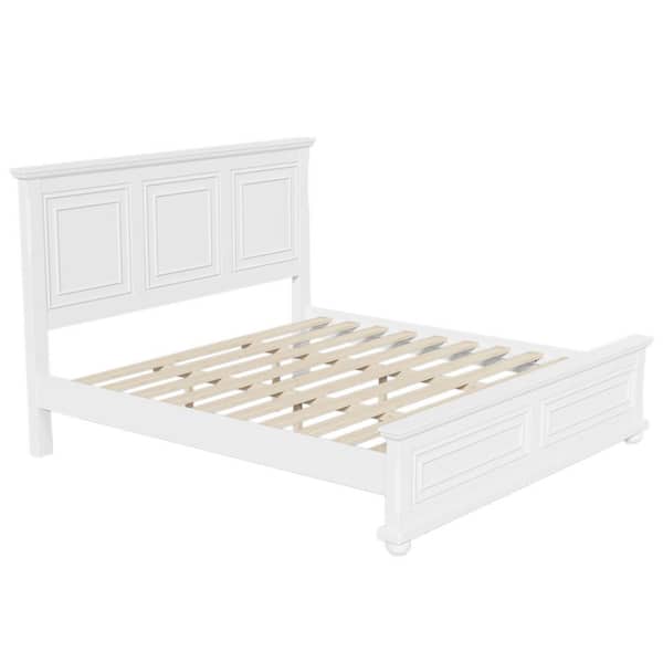 White Vintage Style Wood Frame King Size Platform Bed with Sturdy Pinewood Frame and Legs