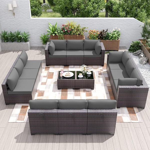 Halmuz 14-Piece Brown Wicker Outdoor Sectional Set with Glass Coffee Table and Gray Cushions, Patio Chat, PE Rattan