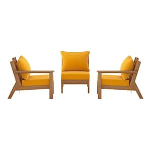 Birchwood Teak Arrangeable Outdoor Patio 3-Piece Deep Seating HDPE Sofa Arm Chair Set w/ Yellow Cushions