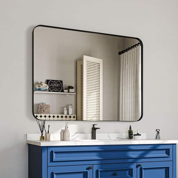 48 in. W x 36 in. H Rectangular Aluminum Framed Wall Bathroom Vanity Mirror in Black