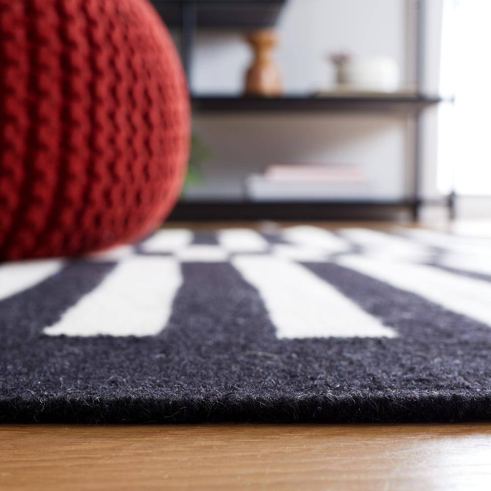Black and White Striped Flat Woven Wool Area Rug 5'x8'