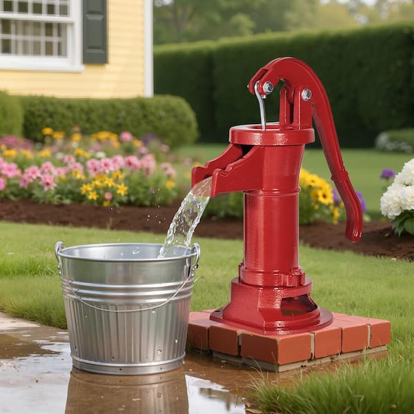 25 ft. Maximum Lift, Well Hand Pitcher Pump, Antique Cast Iron Manual Hand Water Pump, NPT 1-1/4 in. Connection, Red