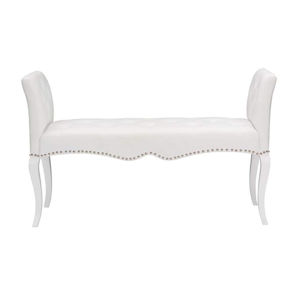 Kristy White Faux Leather Bench with Silver Nail Heads