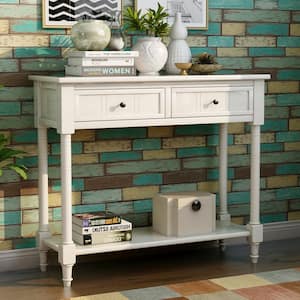 35 in Ivory Rectangle Wood Console Table with Two Drawers and Bottom Shelf, Sofa Table for Entryway, Living Room