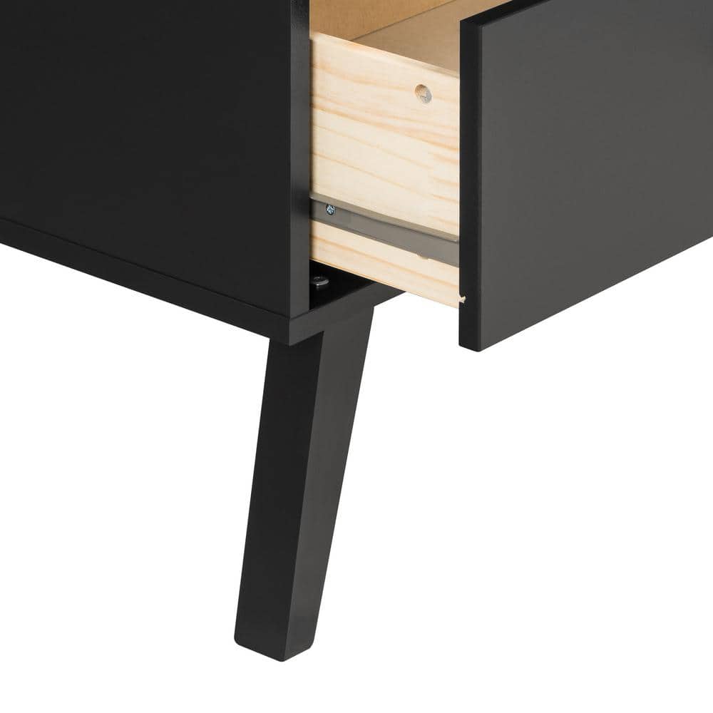 Black Mid-Century Modern 2-Drawer Nightstand with Brass Knobs