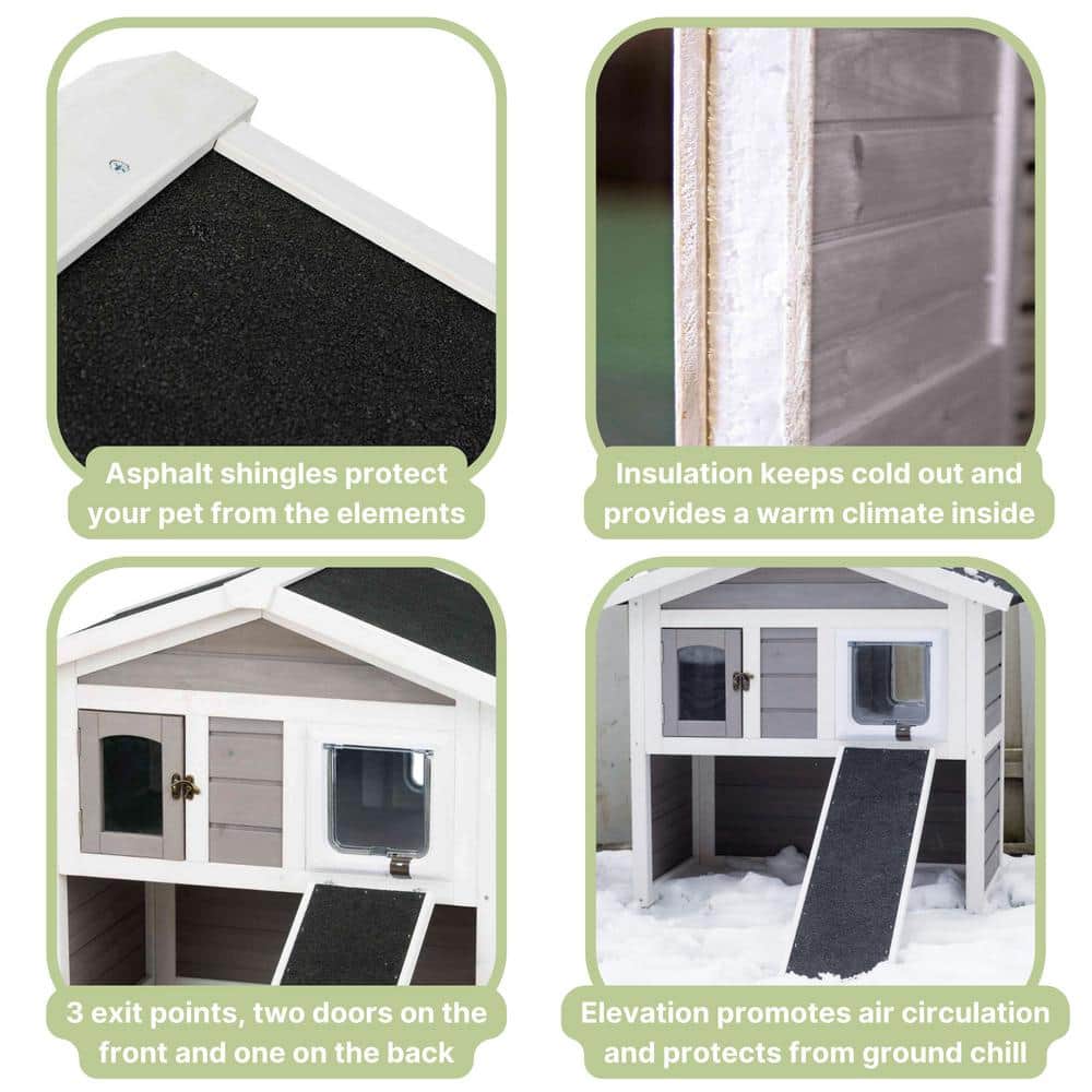 Gray and White 2-Story Insulated Outdoor Cat House with Ramp