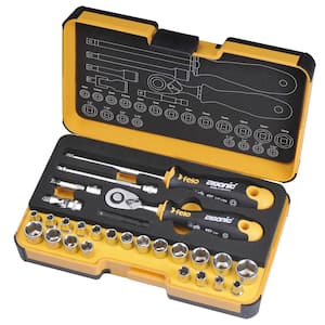 R-GO 1/4 in. Stubby Ergonic Ratchet Multi-Tools Set MM and Inch (27-Piece)