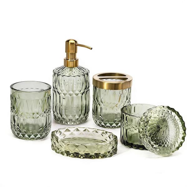 6-Piece Clear Glass Bathroom Accessory Set in Green, Contemporary Modern Decor Crystal Vintage Gift