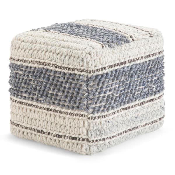 Simpli Home Grady Boho Square Pouf in Blue, Natural Handloom Woven