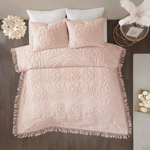 Virginia 3-Piece Blush Cotton Tufted Chenille Medallion Fringe Full/Queen Coverlet Set