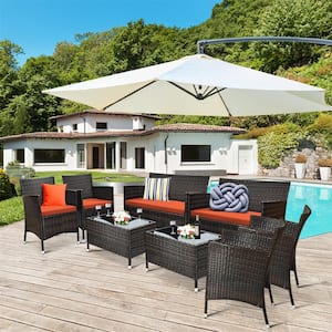 8-Piece Wicker Patio Conversation Set with Orange Cushions