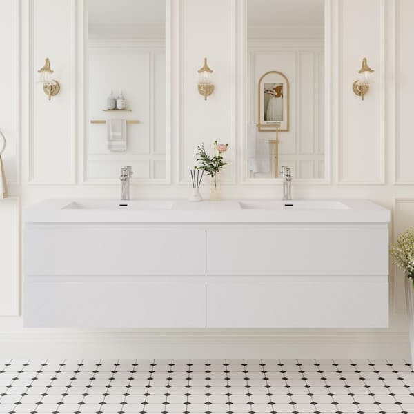 70.87 in. W x 19.69 in. D x 22.44 in. H Wall Hung Bath Vanity in Glossy White with Resin Double Basin Top in White