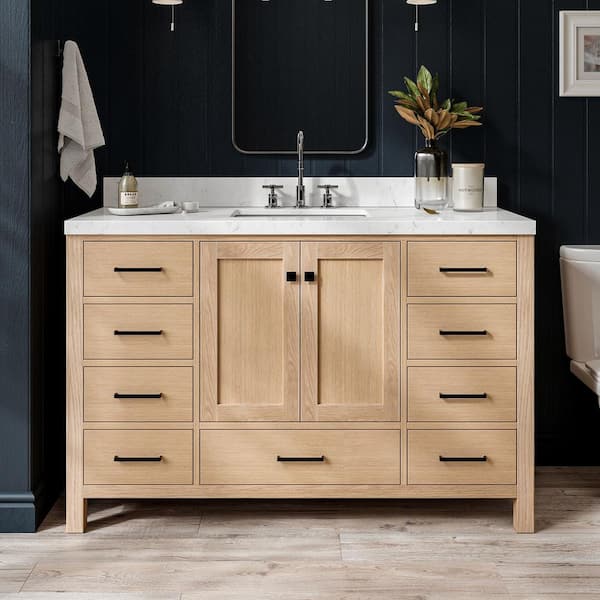Cambridge 54 in. W x 22 in. D x 36 in. H Single Rectangle Sink Bath Vanity in Oak with Carrara White Quartz Top