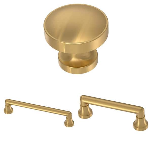 Phoebe Gold Cabinet Knob 1-1/3 in. (34 mm) with 5-1/16 in. (128 mm) and 3 in. (76 mm) Drawer Pulls Combo