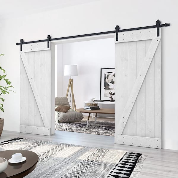 48 in. x 84 in. Z Bar Series White Stained Solid Pine Wood Interior Double Sliding Barn Door with Hardware Kit