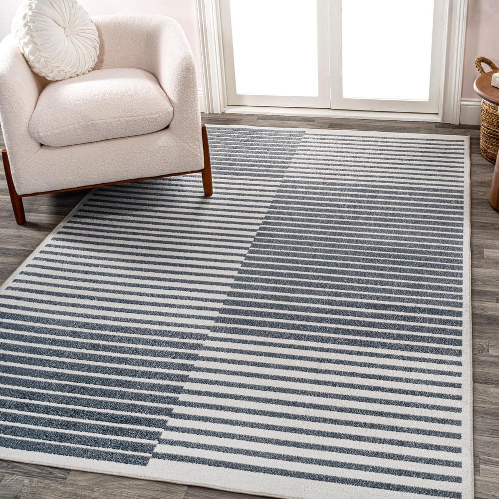 Gray and Cream Striped Washable 8' x 10' Area Rug