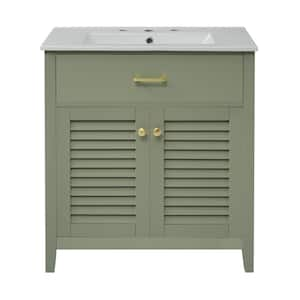 30 in. W Single Sink Freestanding Bath Vanity in Green with White Ceramic Top, 1 Tip-Out Drawer and 2 Doors