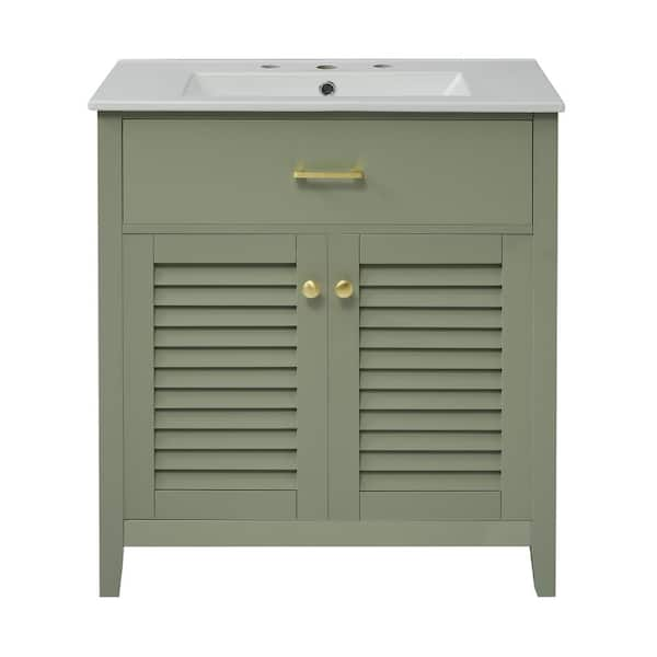 30 in. W Single Sink Freestanding Bath Vanity in Green with White Ceramic Top, 1 Tip-Out Drawer and 2 Doors