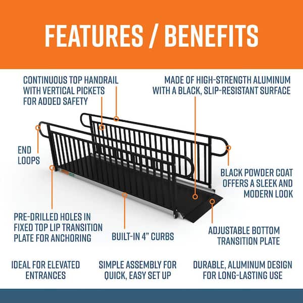 GATEWAY 3G 10 ft. Aluminum Solid Surface Black Wheelchair Ramp with Black Vertical Picket Handrails